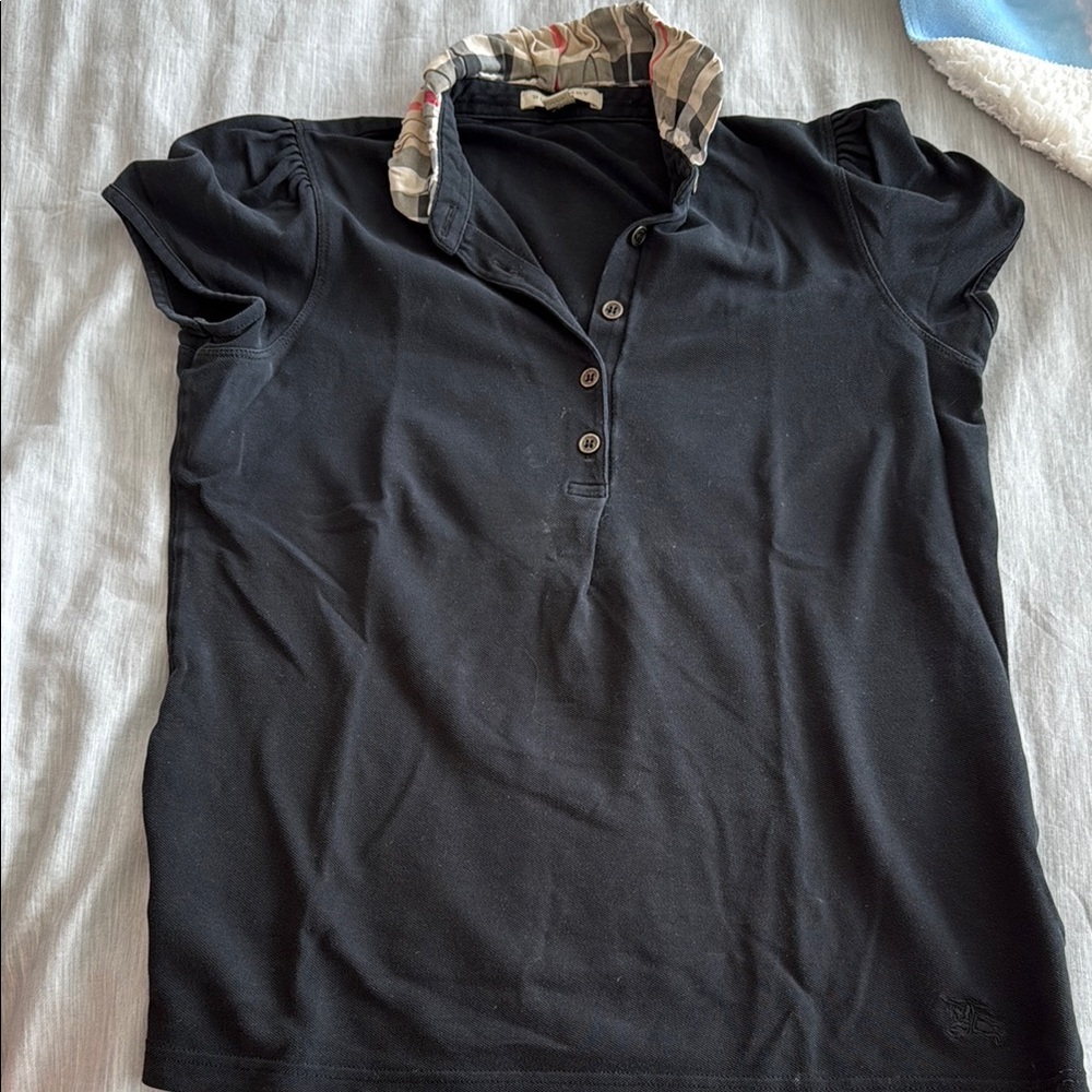 Burberry Black Button Down Shirt with Check Collar